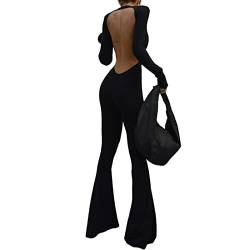 Mugoebu Damen Flare Leg Jumpsuit Lange Ärmel Rückenfrei Gerade Weites Bein Bodycon Romper Hosen Skinny Bell Bottom Onesie Outfits (Black, S) von Mugoebu