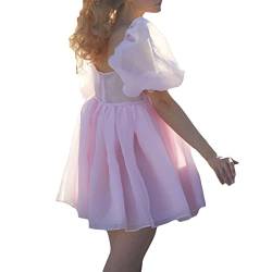 Mugoebu Damen Puffärmel Tüll Prinzessinnenkleid Volltonfarbe Quadratischer Hals Bubble Sleeve Sommer Rüschen Mesh Party Prom Mini Fairy Kleid (Pink, Medium) von Mugoebu