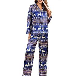 Mugoebu Damen Satin Pyjama Set Klassisch Button Down Weihnachten Loungewear Langarm Hirsche Druck Schlafanzug Premium Seide Pjs Set (Blue , L ) von Mugoebu