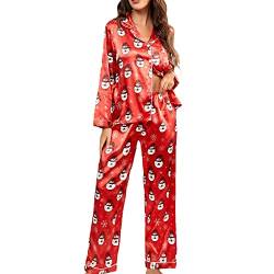 Mugoebu Damen Satin Pyjama Set Klassisch Button Down Weihnachten Loungewear Langarm Hirsche Druck Schlafanzug Premium Seide Pjs Set (Red , S ) von Mugoebu