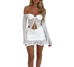 Mugoebu Damen Sexy Zweiteilige Mesh Rock Sets Trägerlos Langarm Röhrenoberteile Bodycon Mini Röcke Y2K 2Pcs Rock Set Party Club Outfit (Z-White, M) von Mugoebu