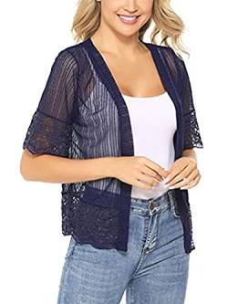 Mugoebu Damen Strickjacke Strickjacke Halbarm Spitze Häkeln Tüll Lose Lässige Kurze Top Bluse (Navy blau, M) von Mugoebu