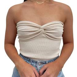 Mugoebu Damen Twist Knot Front Strick-Tank-Top Ärmelloses Schulterfreies trägerloses Mesh Patchwork rückenfreies Crop Camisole Hollow -Out Bandeau Top (Apricot, S) von Mugoebu