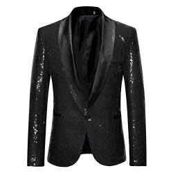 Mugoebu Herren Slim Fit Sakko Blazer Anzugjacke Freizeit EIN-Knopf Pailletten Glitter Anzug Jacke Karneval Kostüm für Hochzeit Party Festlich (Black#3, L) von Mugoebu