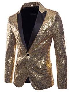 Mugoebu Herren Slim Fit Sakko Blazer Anzugjacke Freizeit EIN-Knopf Pailletten Glitter Anzug Jacke Karneval Kostüm für Hochzeit Party Festlich (Gold, L) von Mugoebu