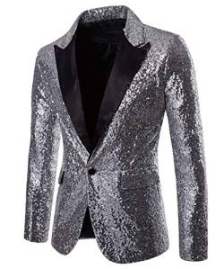 Mugoebu Herren Slim Fit Sakko Blazer Anzugjacke Freizeit EIN-Knopf Pailletten Glitter Anzug Jacke Karneval Kostüm für Hochzeit Party Festlich (Silver, L) von Mugoebu