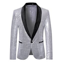 Mugoebu Herren Slim Fit Sakko Blazer Anzugjacke Freizeit EIN-Knopf Pailletten Glitter Anzug Jacke Karneval Kostüm für Hochzeit Party Festlich (Silver#3, M) von Mugoebu