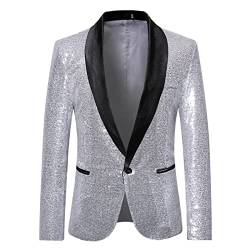 Mugoebu Herren Slim Fit Sakko Blazer Anzugjacke Freizeit EIN-Knopf Pailletten Glitter Anzug Jacke Karneval Kostüm für Hochzeit Party Festlich (Silver#3, S) von Mugoebu