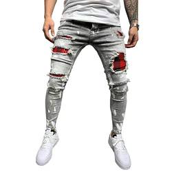 Mugoebu Herren Slim Fit Skinny Ripped Distressed Jeans Weiße Farbe Dot Stretch Stripe Trim Denim Hose (Grau, L, l) von Mugoebu