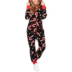 Mugoebu Paare Matching Weihnachten Pyjamas Hoodie Fleece Onesie Frauen Männer lange Ärmel gedruckt Anzug voller Reißverschluss Jumpsuits mit Taschen (Black Crutch Women, XL) von Mugoebu