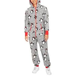 Mugoebu Paare Matching Weihnachten Pyjamas Hoodie Fleece Onesie Frauen Männer lange Ärmel gedruckt Anzug voller Reißverschluss Jumpsuits mit Taschen (Gray Penguin Men, XL) von Mugoebu