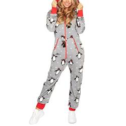 Mugoebu Paare Matching Weihnachten Pyjamas Hoodie Fleece Onesie Frauen Männer lange Ärmel gedruckt Anzug voller Reißverschluss Jumpsuits mit Taschen (Gray Penguin Women, M) von Mugoebu