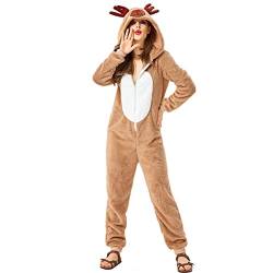 Mugoebu Weihnachten Rentier Kostüm, Elch Cosplay Onesie, Weihnachten Plüsch Kostüm, lange Ärmel Zip Up One Piece Jumpsuit Sleepwear für Kinder (Khaki Woman, S) von Mugoebu