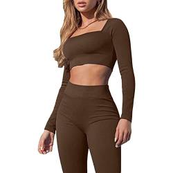 Mugoebu Yoga Workout Sets für Damen 2 Stück Fitnessstudio Outfits gerippt nahtlose Crop Top hohe Taille Leggings Sport Jumpsuit Set (Brown , M ) von Mugoebu