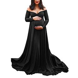 Mutterschaft Kleid für Fotografie solide Farbe Off-Shoulder Chiffon Kleid Front Split Lange Schwangerschaft Kleider für Fotoshooting (Black#3, L) von Mugoebu