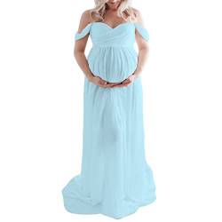 Mutterschaft Kleid für Fotografie solide Farbe Off-Shoulder Chiffon Kleid Front Split Lange Schwangerschaft Kleider für Fotoshooting (Blue, Large) von Mugoebu