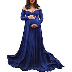 Mutterschaft Kleid für Fotografie solide Farbe Off-Shoulder Chiffon Kleid Front Split Lange Schwangerschaft Kleider für Fotoshooting (Bright Blue#3, L) von Mugoebu