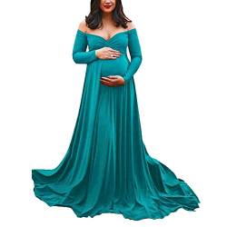 Mutterschaft Kleid für Fotografie solide Farbe Off-Shoulder Chiffon Kleid Front Split Lange Schwangerschaft Kleider für Fotoshooting (Lake Green#3, L) von Mugoebu
