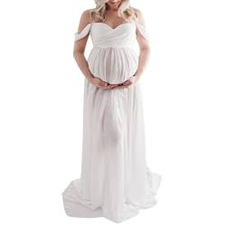 Mutterschaft Kleid für Fotografie solide Farbe Off-Shoulder Chiffon Kleid Front Split Lange Schwangerschaft Kleider für Fotoshooting (White, Large) von Mugoebu