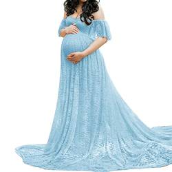 Mutterschaft Schulterfrei Rüschenärmel Spitze Brautkleid Maxi Fotografie Kleid für Fotoshooting Kleid (Light Blue, X-Large) von Mugoebu