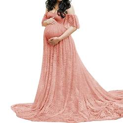 Mutterschaft Schulterfrei Rüschenärmel Spitze Brautkleid Maxi Fotografie Kleid für Fotoshooting Kleid (Pink, Large) von Mugoebu