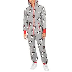 Paare Matching Weihnachten Pyjamas Hoodie Fleece Onesie Frauen Männer lange Ärmel gedruckt Anzug voller Reißverschluss Jumpsuits mit Taschen (Gray Penguin Men, M) von Mugoebu