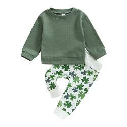 Säugling Kleinkind Junge St Patricks Day Outfits Grün Langarm Waffel Sweatshirt Tops + vier Blatt Klee Druck Hosen 2PCS Kleidung Set (Green, 6-12 Months) von Mugoebu