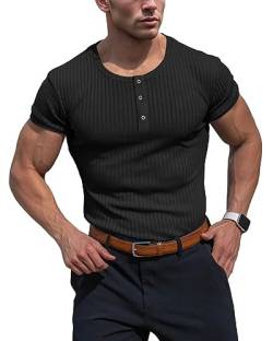 Muhshoiy Cotton Rippshirt, Kurzärmeligesshirt Herren, Slim Fit Muscle Shirt, Basic Henley Tee, Lässiges T-Shirt für Herren, Fitness Shirt Black 2XL von Muhshoiy