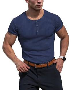 Muhshoiy Cotton Rippshirt, Kurzärmeligesshirt Herren, Slim Fit Muscle Shirt, Basic Henley Tee, Lässiges T-Shirt für Herren, Fitness Shirt Blue 2XL von Muhshoiy