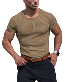 Muhshoiy Cotton Rippshirt, Kurzärmeligesshirt Herren, Slim Fit Muscle Shirt, Basic Henley Tee, Lässiges T-Shirt für Herren, Fitness Shirt Brown L von Muhshoiy