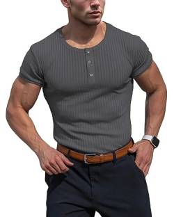 Muhshoiy Cotton Rippshirt, Kurzärmeligesshirt Herren, Slim Fit Muscle Shirt, Basic Henley Tee, Lässiges T-Shirt für Herren, Fitness Shirt Dark Grey XL von Muhshoiy