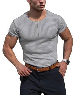 Muhshoiy Cotton Rippshirt, Kurzärmeligesshirt Herren, Slim Fit Muscle Shirt, Basic Henley Tee, Lässiges T-Shirt für Herren, Fitness Shirt Grey 2XL von Muhshoiy