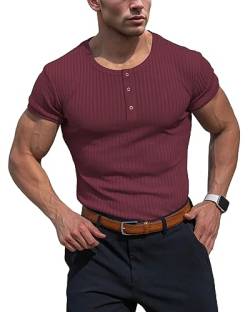 Muhshoiy Cotton Rippshirt, Kurzärmeligesshirt Herren, Slim Fit Muscle Shirt, Basic Henley Tee, Lässiges T-Shirt für Herren, Fitness Shirt Red 2XL von Muhshoiy