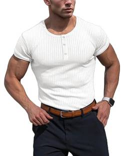 Muhshoiy Cotton Rippshirt, Kurzärmeligesshirt Herren, Slim Fit Muscle Shirt, Basic Henley Tee, Lässiges T-Shirt für Herren, Fitness Shirt White 2XL von Muhshoiy