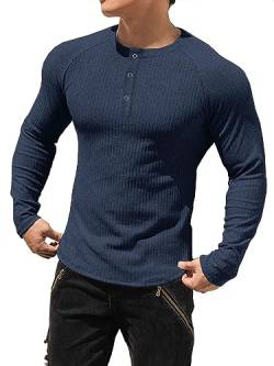 Muhshoiy Cotton Rippshirt, Langarmshirt Herren, Slim Fit Muscle Shirt, Basic Henley Tee, Lässiges T-Shirt für Herren, Fitness Shirt Blue L von Muhshoiy