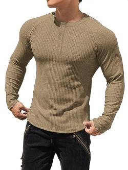 Muhshoiy Cotton Rippshirt, Langarmshirt Herren, Slim Fit Muscle Shirt, Basic Henley Tee, Lässiges T-Shirt für Herren, Fitness Shirt Brown XL von Muhshoiy