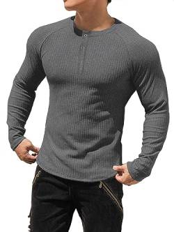 Muhshoiy Cotton Rippshirt, Langarmshirt Herren, Slim Fit Muscle Shirt, Basic Henley Tee, Lässiges T-Shirt für Herren, Fitness Shirt Dark Grey 2XL von Muhshoiy