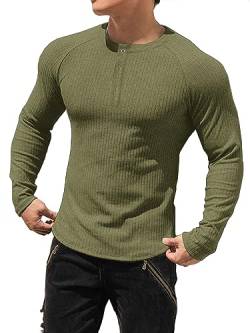 Muhshoiy Cotton Rippshirt, Langarmshirt Herren, Slim Fit Muscle Shirt, Basic Henley Tee, Lässiges T-Shirt für Herren, Fitness Shirt Green 2XL von Muhshoiy