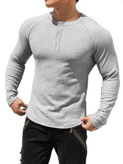 Muhshoiy Cotton Rippshirt, Langarmshirt Herren, Slim Fit Muscle Shirt, Basic Henley Tee, Lässiges T-Shirt für Herren, Fitness Shirt Grey S von Muhshoiy