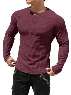 Muhshoiy Cotton Rippshirt, Langarmshirt Herren, Slim Fit Muscle Shirt, Basic Henley Tee, Lässiges T-Shirt für Herren, Fitness Shirt Red 2XL von Muhshoiy