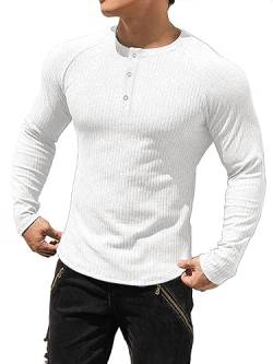 Muhshoiy Cotton Rippshirt, Langarmshirt Herren, Slim Fit Muscle Shirt, Basic Henley Tee, Lässiges T-Shirt für Herren, Fitness Shirt White S von Muhshoiy