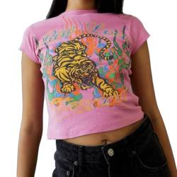 Baby-T-Shirts für Damen, Y2K, Buchstaben-Grafikdruck, bauchfreies Top, kurzärmelig, figurbetont, niedliches Baby-T-Shirt, Streetwear, Tiger Pink, Klein von Muineobuka