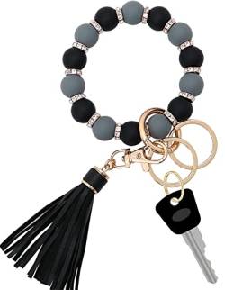 Munchewy Silikon-Schlüsselanhänger für Damen, elastisches Perlenarmband, Schlüsselhalter mit Zirkon und Quaste, als Weihnachtsgeschenk, Grau/Schwarz, Einheitsgröße von Munchewy