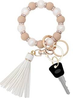 Silikon Schlüsselanhänger Armband für Frauen, Elastische Perlen Armband Schlüsselanhänger Schlüsselhalter mit Zirkon & Quaste für Muttertagsgeschenk, Braun/Perlmutt, Einheitsgröße von Munchewy