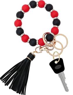 Silikon Schlüsselanhänger Armband für Frauen, Elastische Perlen Armband Schlüsselanhänger Schlüsselhalter mit Zirkon & Quaste für Muttertagsgeschenk, Rot/Schwarz, Einheitsgröße von Munchewy
