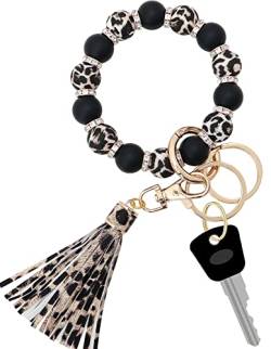 Silikon Schlüsselanhänger Armband für Frauen, elastische Perlen Wristlet Keychain Schlüsselhalter mit Zirkon & Quaste für Muttertag Geschenk, Leopardenmuster / Schwarz, Einheitsgröße von Munchewy