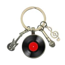 Schlüsselanhänger DJ Schallplatte Rot - Schlüsselanhänger mit Schallplatte Schallplatte Schallplatte Sonneschlüssel Mikrofon und E-Gitarre - Geschenk für Musikliebhaber - Unisex Schlüsselanhänger, von Mundo Llavero