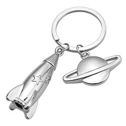 Weltraumraketen-Schlüsselanhänger - Weltraum-Rakete Schlüsselanhänger mit Saturn Planet Silber - Symbol Raumschiff aus Zink - Schlüsselanhänger für Weltraumliebhaber - Schlüsselanhänger für Damen und von Mundo Llavero