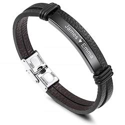 MunkiMix Benutzerdefinierter Namenstext Datum Armbänder Geschenke für Männer Jungen Freund Brüder Vatertag Paare Geflochtenes Armband Leder Anpassbare Edelstahl ID Tag Schmuck von MunkiMix