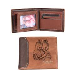 MunkiMix Personalisierte Foto Leder Bifold Geldbörse für Männer Gravierte Skizze Bild/Name Initiale/Text Herren Geldbörse Geschenke für Vater Freund Ehemann (B1-Name Initiale & Innentext, Hellbraun) von MunkiMix